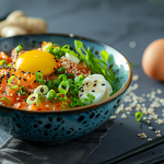 Bowl of Korean-inspired dish with raw egg yolk, scallions, sesame seeds, and kimchi