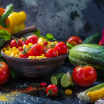 Fresh vegetables and a bowl of corn and tomato salad with cilantro