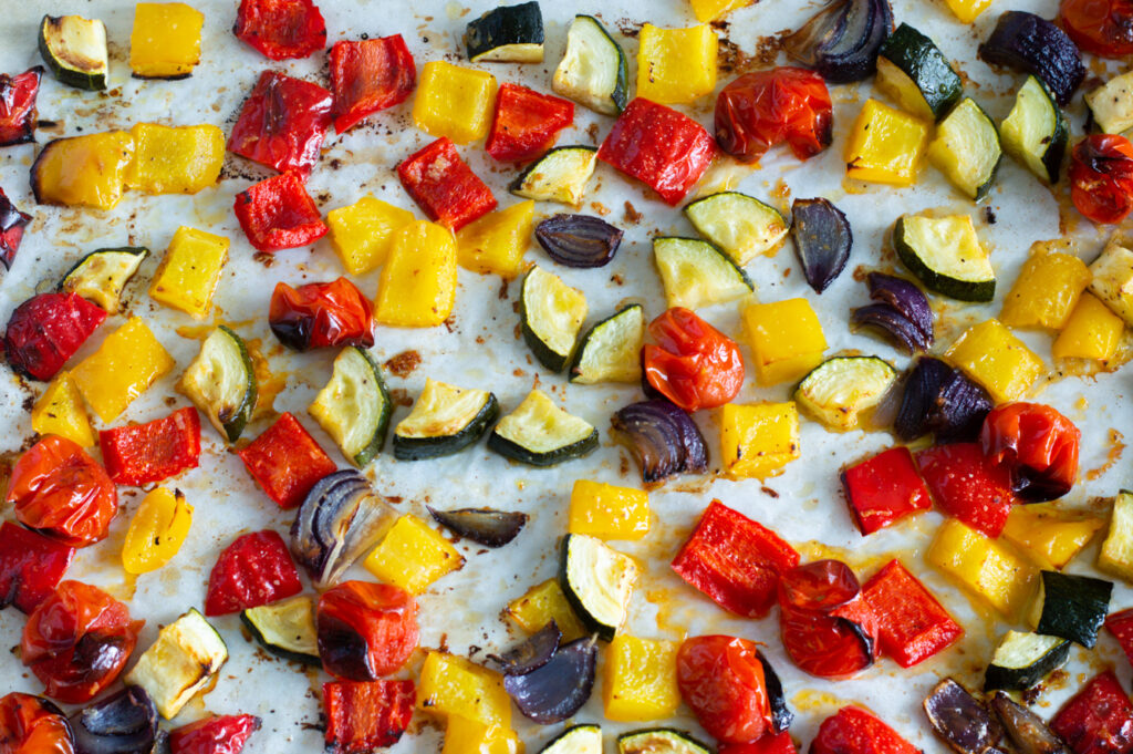 Roasted Mediterranean Vegetables on a baking tray