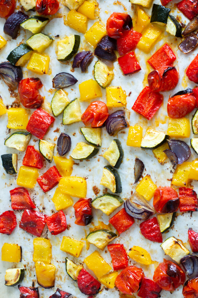 Roasted Mediterranean Vegetables on a baking tray