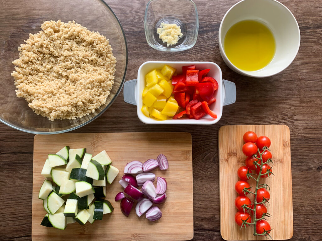 All the ingredients for Quinoa and Mediterranean Roasted Vegetables portioned