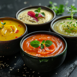 Four bowls of colorful soups garnished with herbs, set on a dark surface with scattered sesame seeds and spices