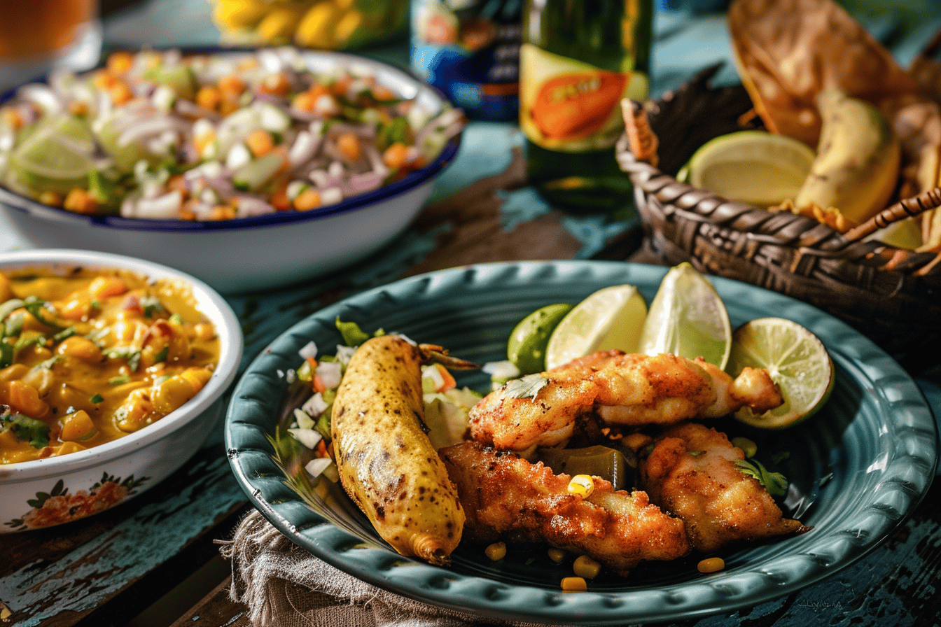 Plate of fried fish with lime wedges and plantain, surrounded by bowls of Cuban-style sides and vibrant garnishes