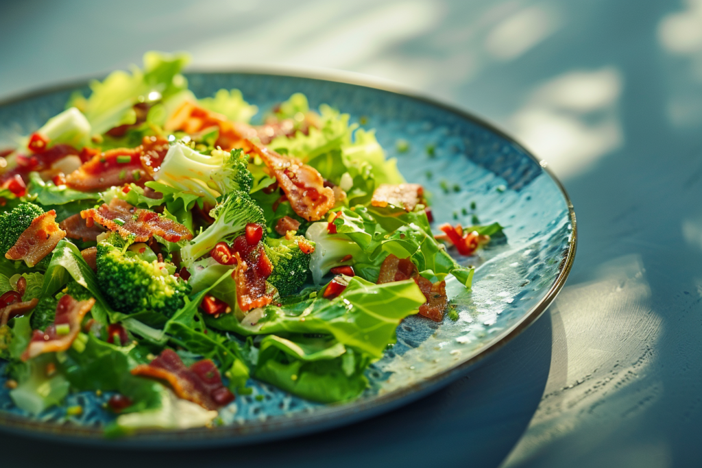 Fresh broccoli salad topped with crispy bacon, red chili slices, and a light vinaigrette on a blue plate
