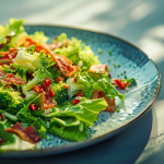 Fresh broccoli salad topped with crispy bacon, red chili slices, and a light vinaigrette on a blue plate
