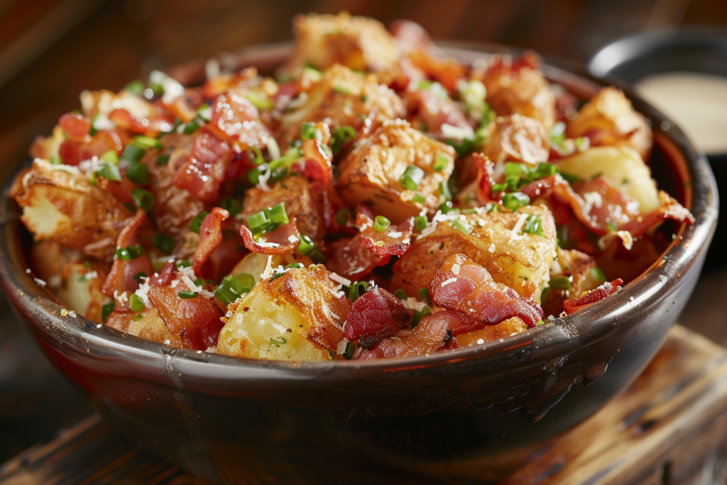 Crispy roasted potatoes topped with bacon, chives, and grated cheese in a rustic bowl