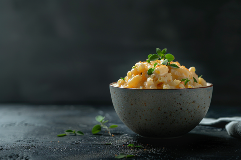 Creamy mac and cheese garnished with fresh herbs in a speckled ceramic bowl
