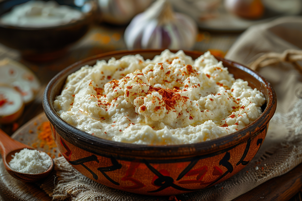 Creamy mashed cauliflower sprinkled with paprika, served in a decorative ceramic bowl