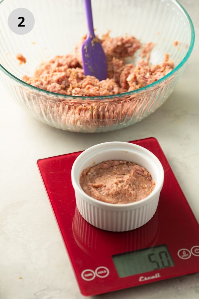 Portioning ground turkey mixture on red scales