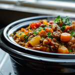 Hearty crockpot stew with ground beef, carrots, tomatoes, and herbs, served in a black slow cooker
