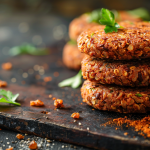 Stacked high-protein vegan patties made with beans and grains, garnished with fresh parsley