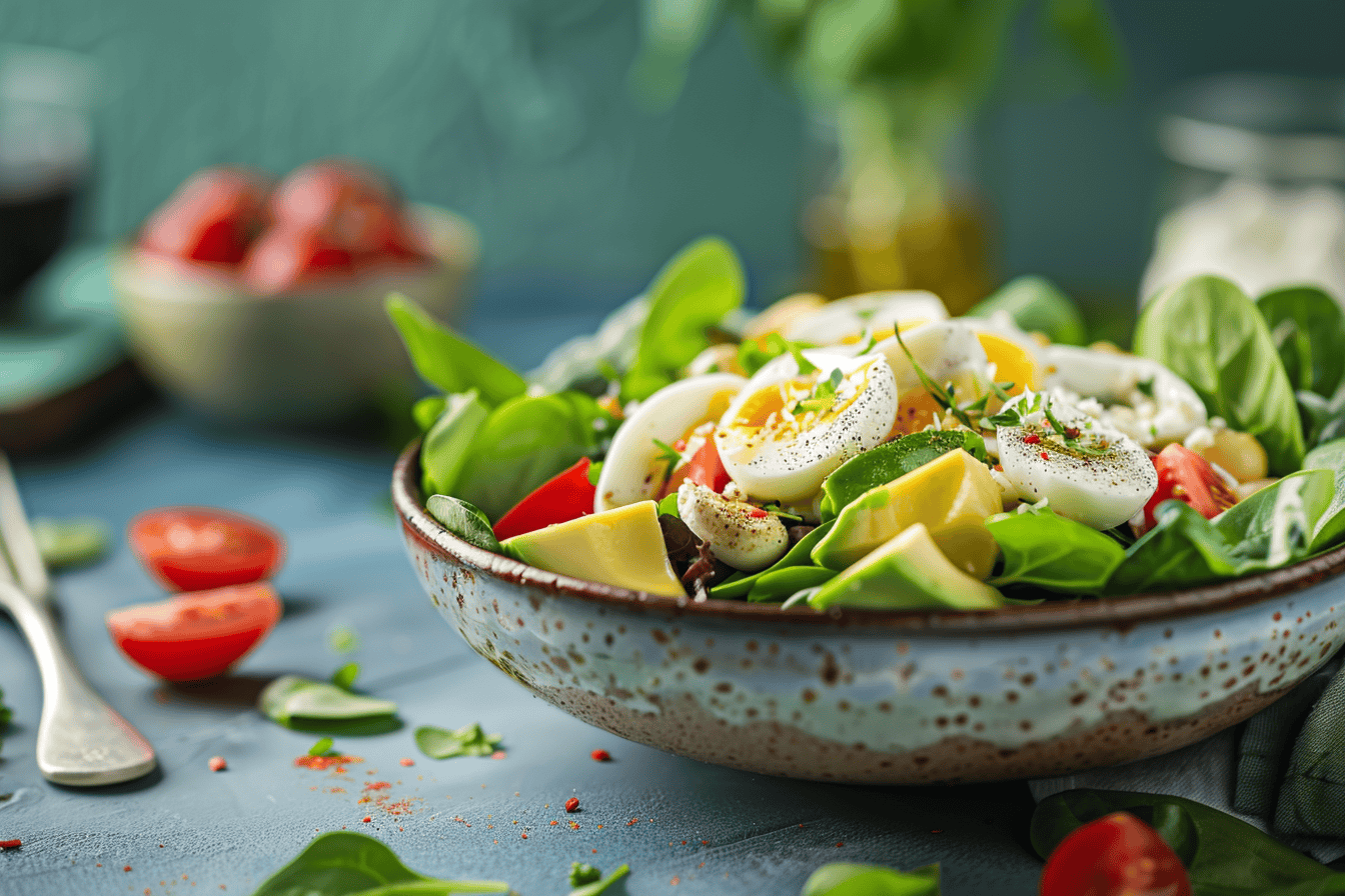 Fresh salad bowl with spinach, avocado slices, cherry tomatoes, and hard-boiled eggs, seasoned with herbs and spices