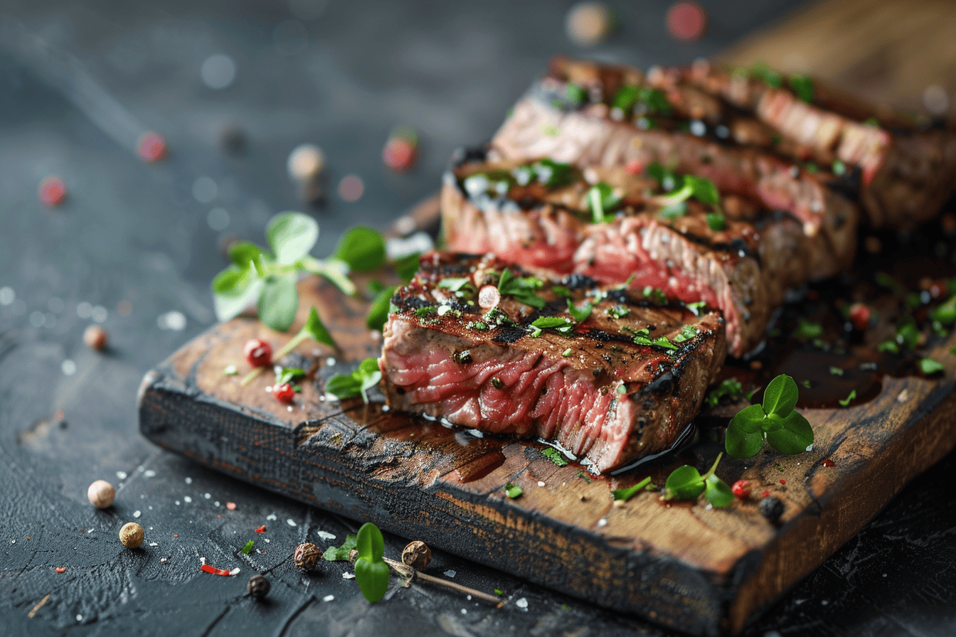 Grilled medium-rare steak slices garnished with fresh herbs and cracked pepper, served on a rustic wooden board
