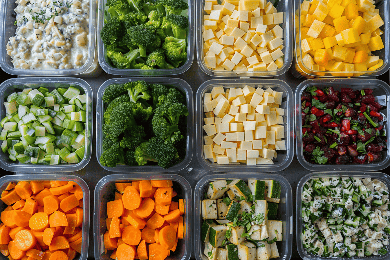 Meal prep containers filled with colorful ingredients, including broccoli, cubed cheese, carrots, and pomegranate salad