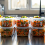 Stacked containers of gluten-free meal prep, featuring colorful vegetables and herbs in clear plastic containers
