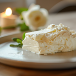 Close-up of a creamy block of cream cheese served on a plate