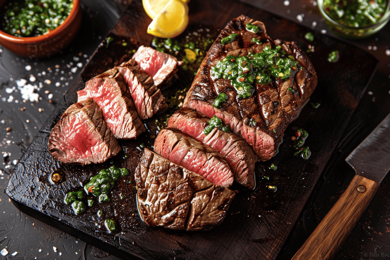 Juicy medium-rare steak slices served on a dark wooden board, drizzled with vibrant chimichurri sauce and garnished with lemon wedges