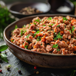 A hearty bowl of seasoned ground turkey, garnished with fresh herbs and paired with colorful vegetables