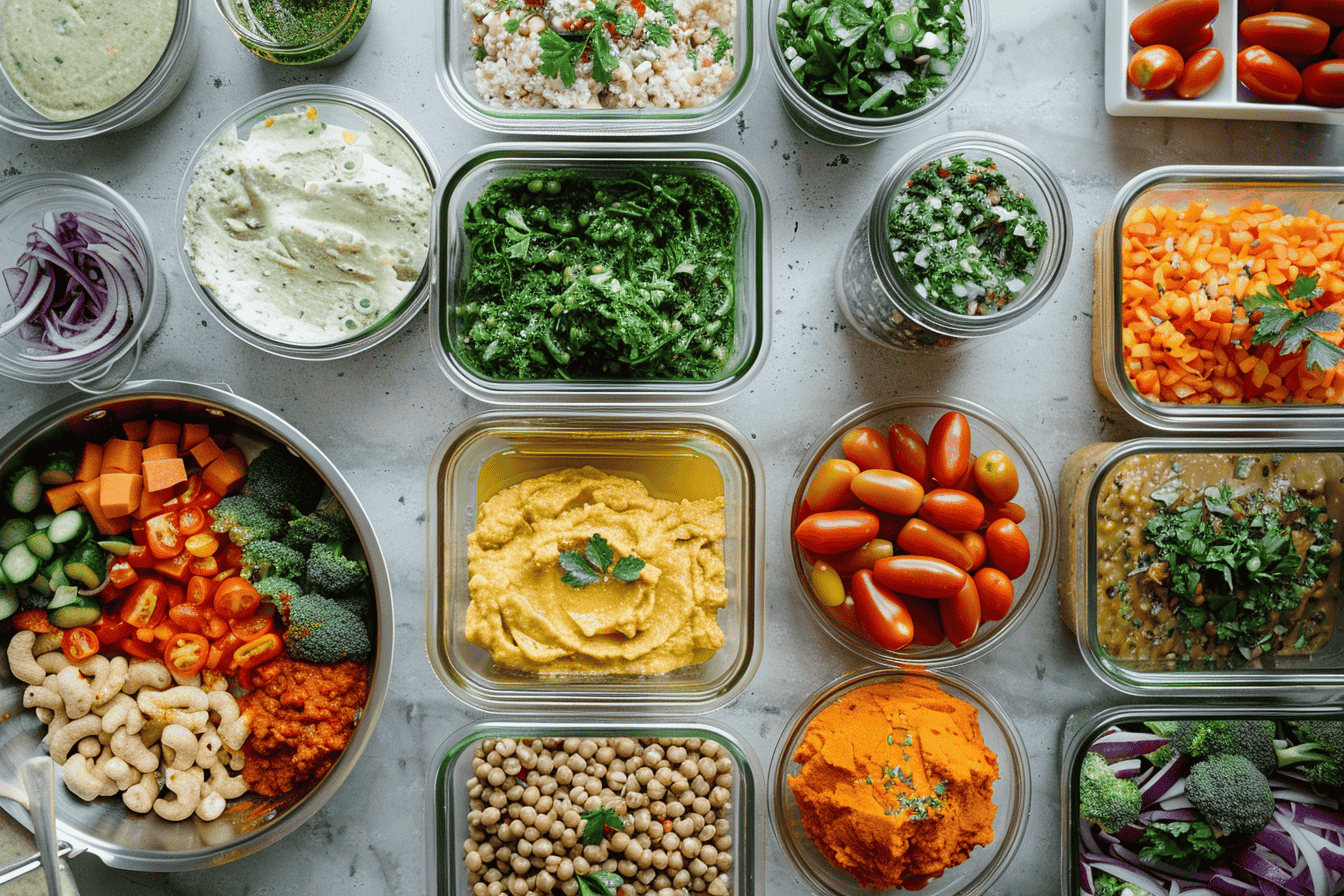 A vibrant array of low-calorie meal prep essentials featuring fresh vegetables, colorful dips, and hearty legumes