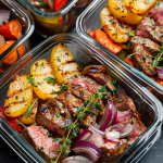 Perfectly seared steak slices paired with roasted carrots, grilled potatoes, and caramelized red onions, garnished with fresh thyme
