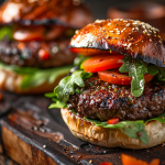 Juicy, grilled burger patties served on sesame seed buns, topped with fresh arugula and ripe tomato slices