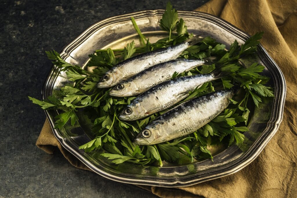 Green celery with sardines fish on top placed on a silver plate