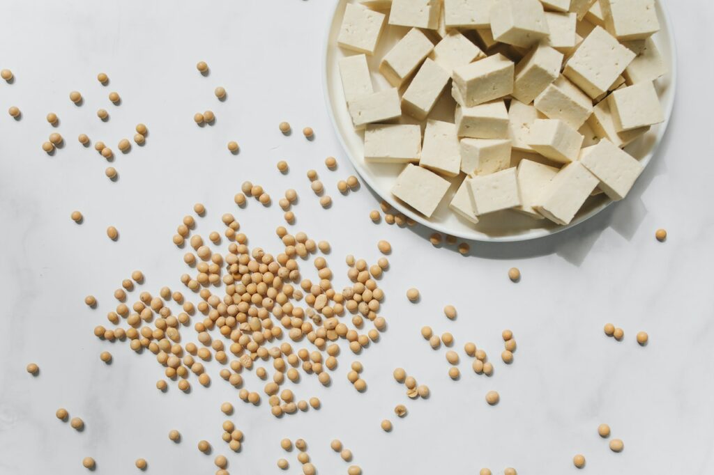 Slices of tofu on a white plate near fresh soybeans on top of a white surface