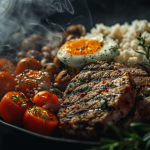 Juicy grilled pork chop seasoned with herbs, paired with roasted cherry tomatoes, sautéed mushrooms, fluffy white rice, and a perfectly cooked sunny-side-up egg