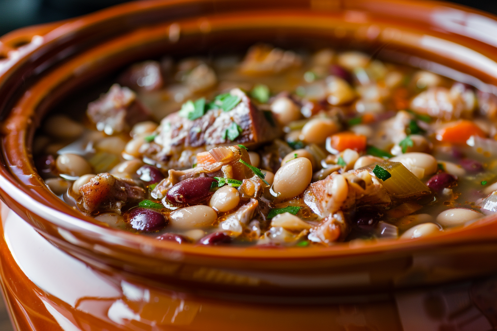 A hearty crockpot bean stew with various types of beans, chunks of meat, and vegetables, garnished with fresh parsley
