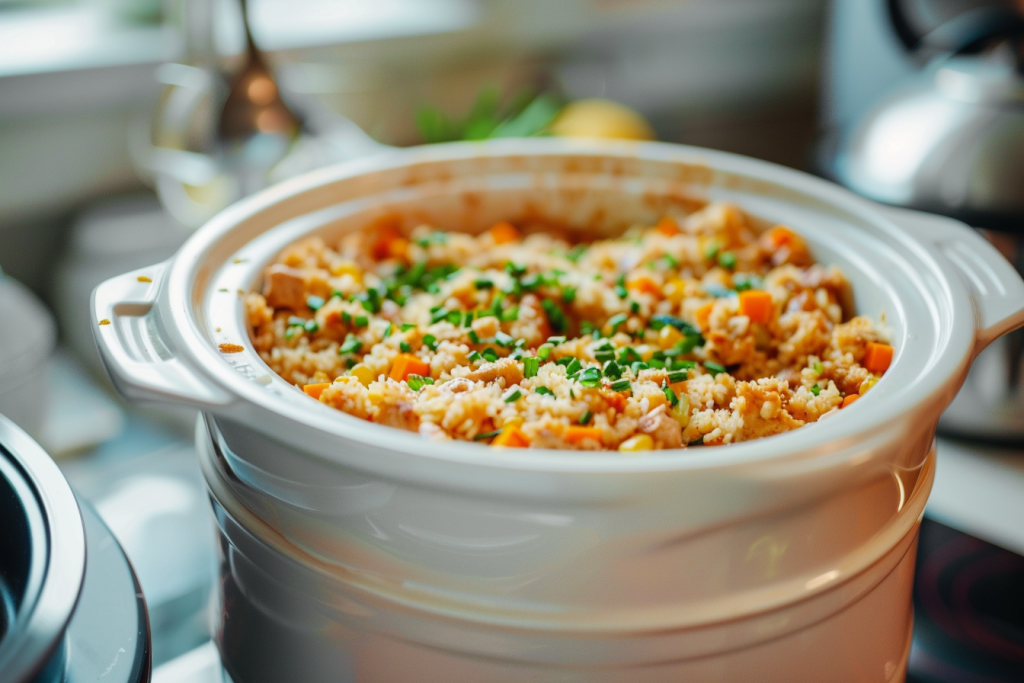 A crockpot filled with a colorful rice and vegetable dish, topped with fresh chopped herbs