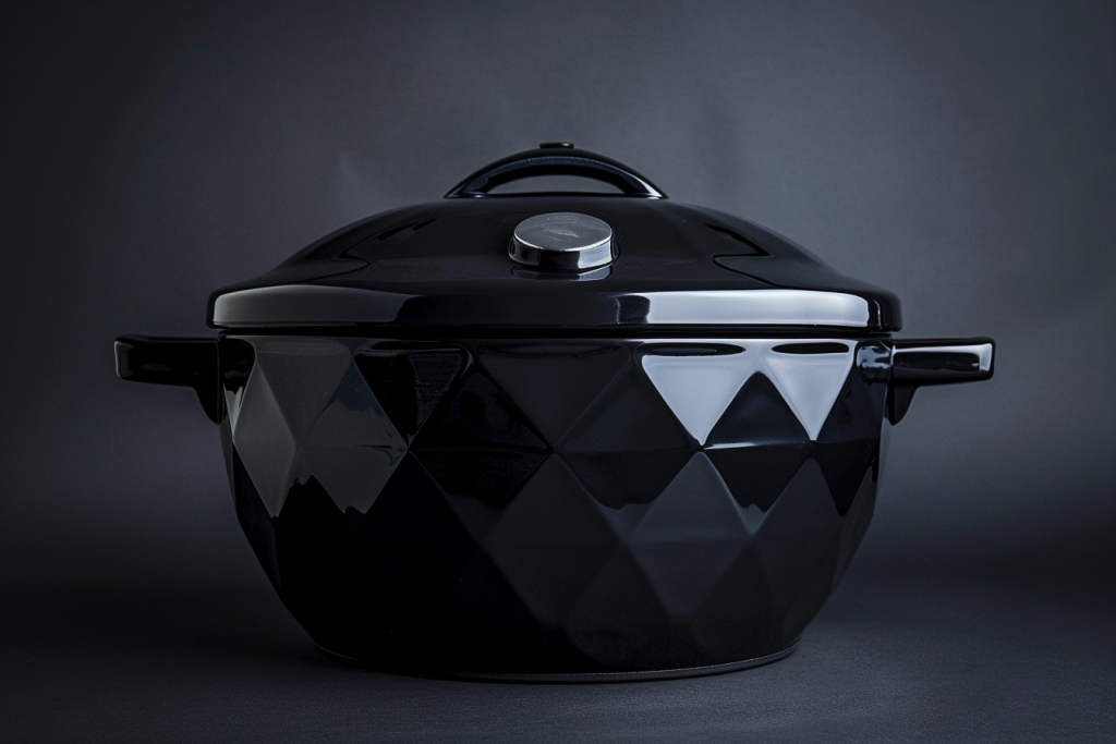 A sleek black crockpot with a glossy diamond-patterned finish and a lid featuring a chrome handle