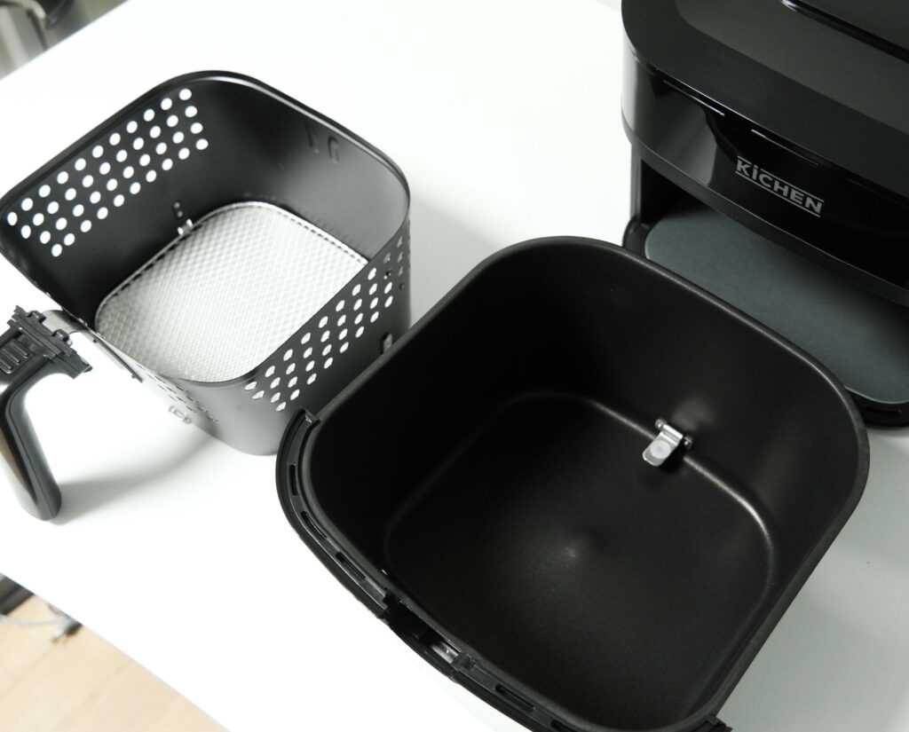 The parts of an air fryer such as the food drawer and basket