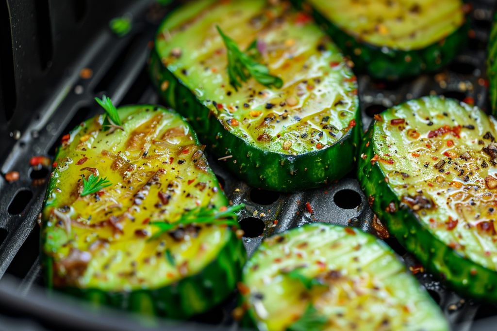 Freshly air-fried zucchini slices, garnished with herbs and spices, glistening with oil inside an air fryer basket
