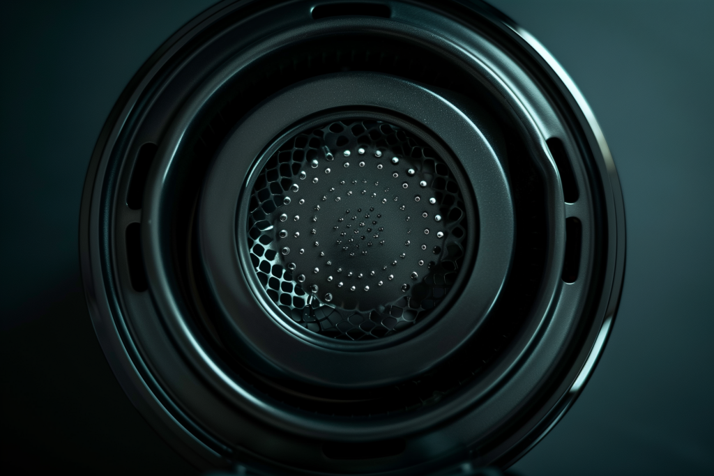 A close-up of an air fryer heating element, showcasing the detailed design of the inner mesh and components against a dark background