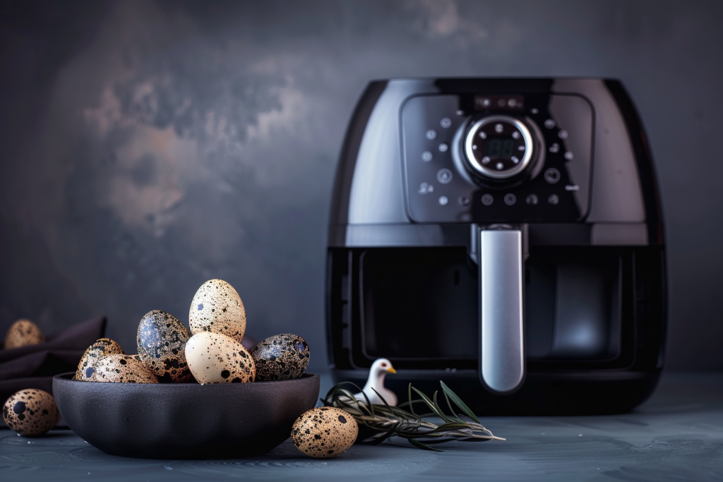 A black air fryer displayed against a textured background, accompanied by a bowl of speckled quail eggs and a sprig of rosemary