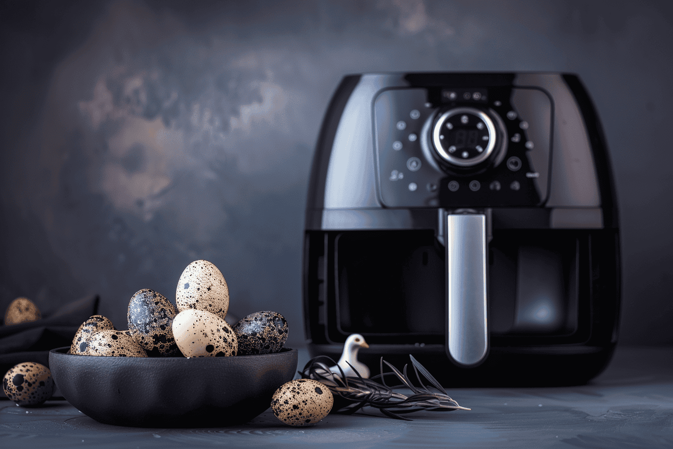 A black air fryer displayed against a textured background, accompanied by a bowl of speckled quail eggs and a sprig of rosemary