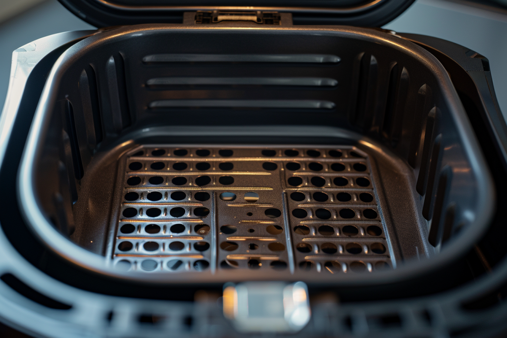 An empty air fryer basket with a perforated non-stick cooking tray, highlighting the clean and spacious interior design