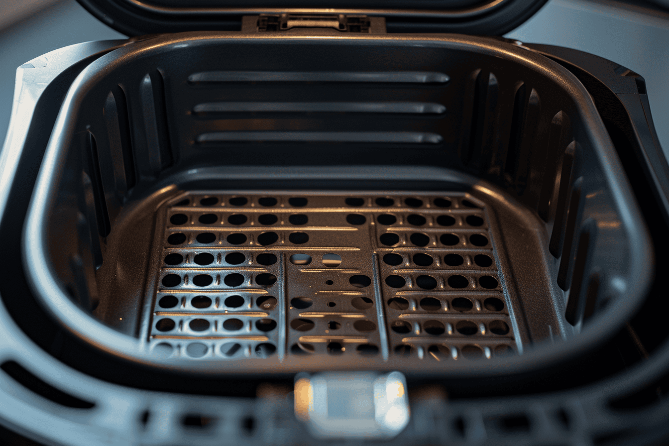 An empty air fryer basket with a perforated non-stick cooking tray, highlighting the clean and spacious interior design