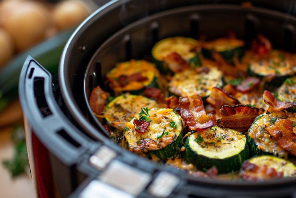 Air-fried zucchini slices topped with melted cheese, crispy bacon, and parsley, served hot inside an air fryer basket
