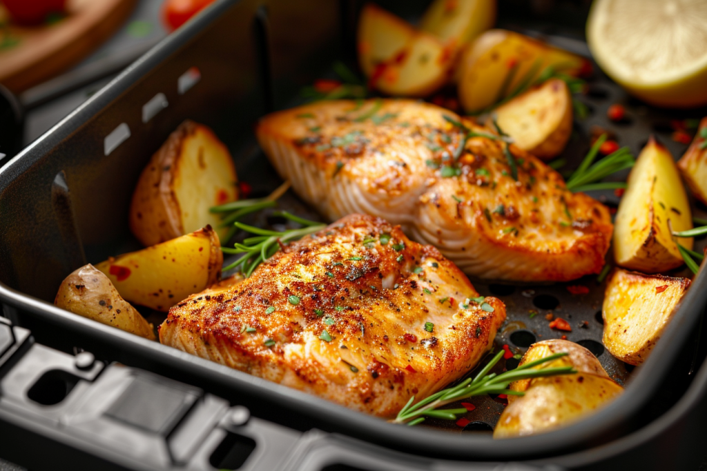 Air-fried salmon fillets and roasted potatoes, garnished with rosemary and spices, placed in an air fryer basket