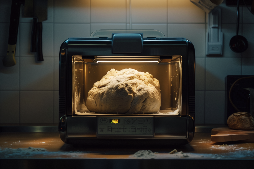 Freshly kneaded bread dough inside a bread machine, illuminated by a warm light