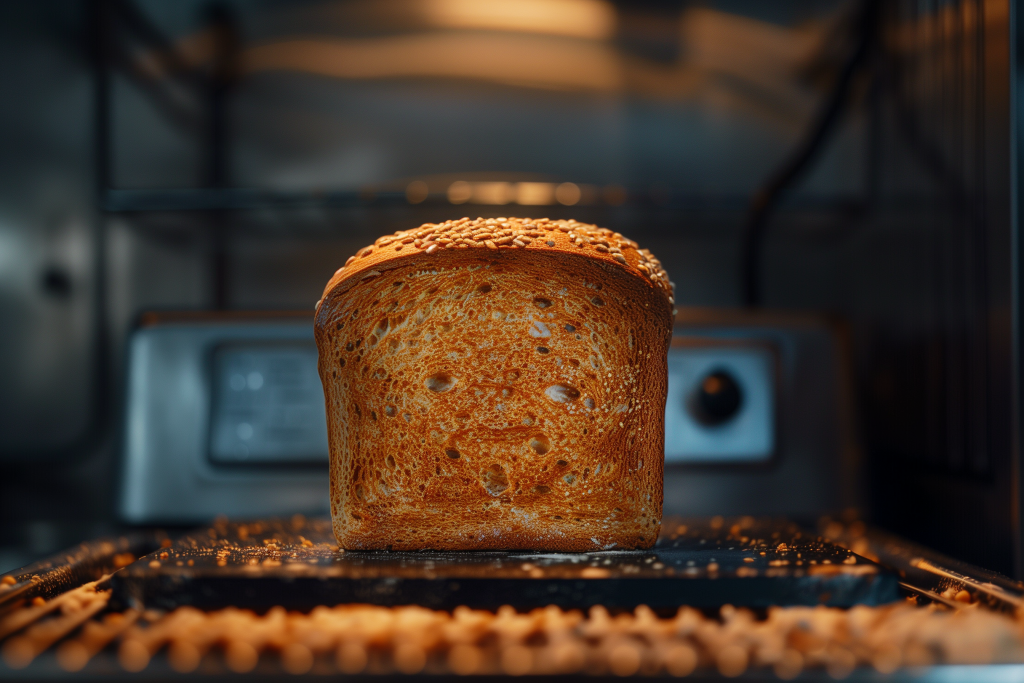 Golden loaf of freshly baked bread with a sesame seed crust sitting inside a bread machine