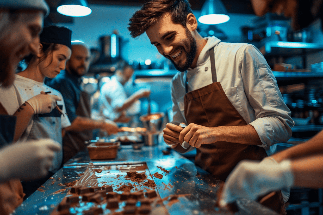 A group of pastry chefs in an industrial kitchen, smiling and working together to shape chocolates on a stainless steel table