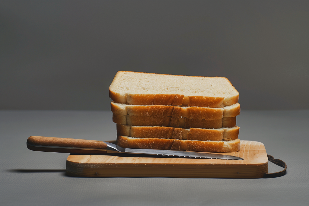 A neatly stacked pile of sliced white bread on a wooden cutting board, accompanied by a serrated bread knife with a wooden handle