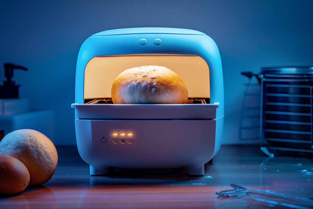 A small bread-making machine with a golden loaf of bread baking inside