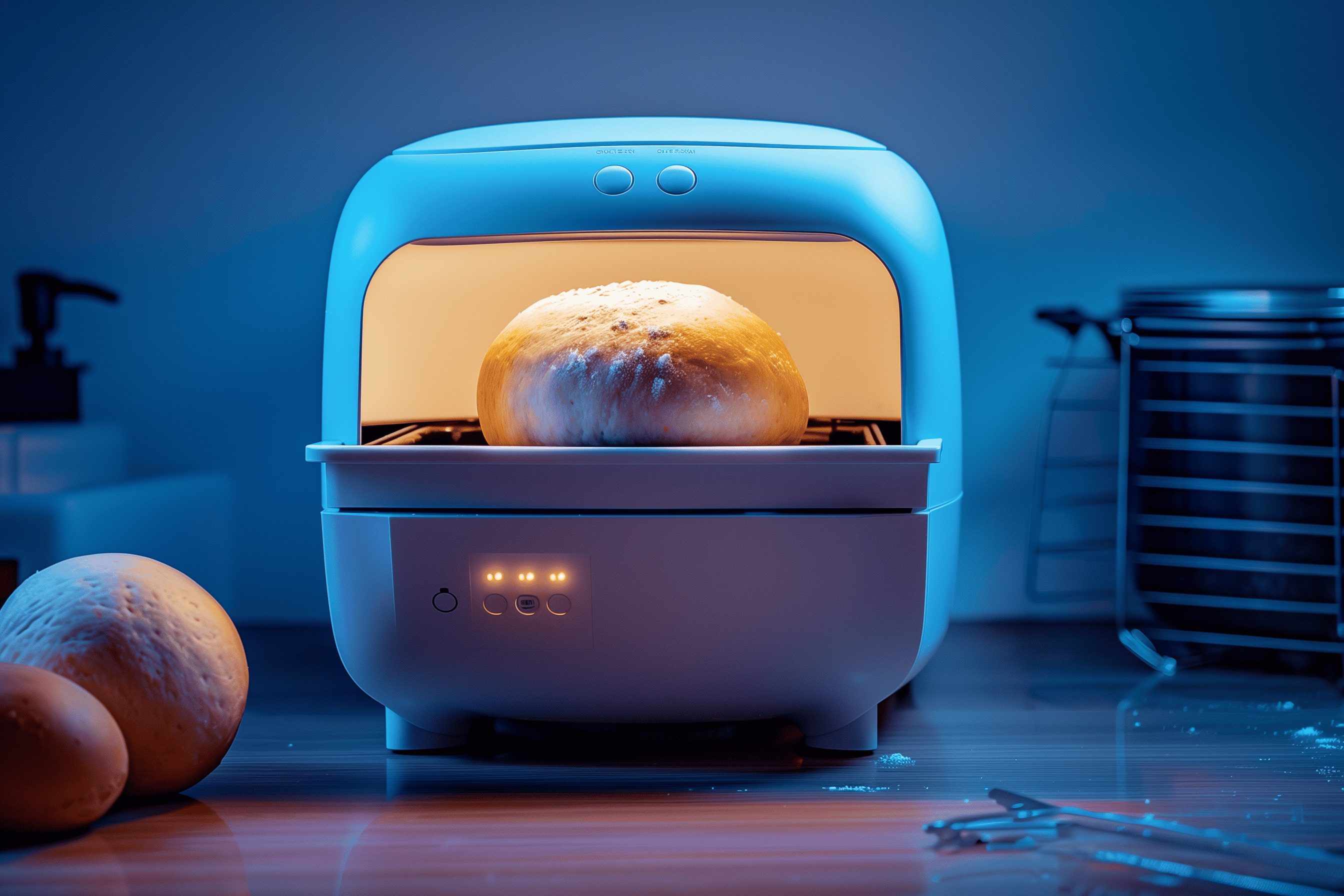 A small bread-making machine with a golden loaf of bread baking inside