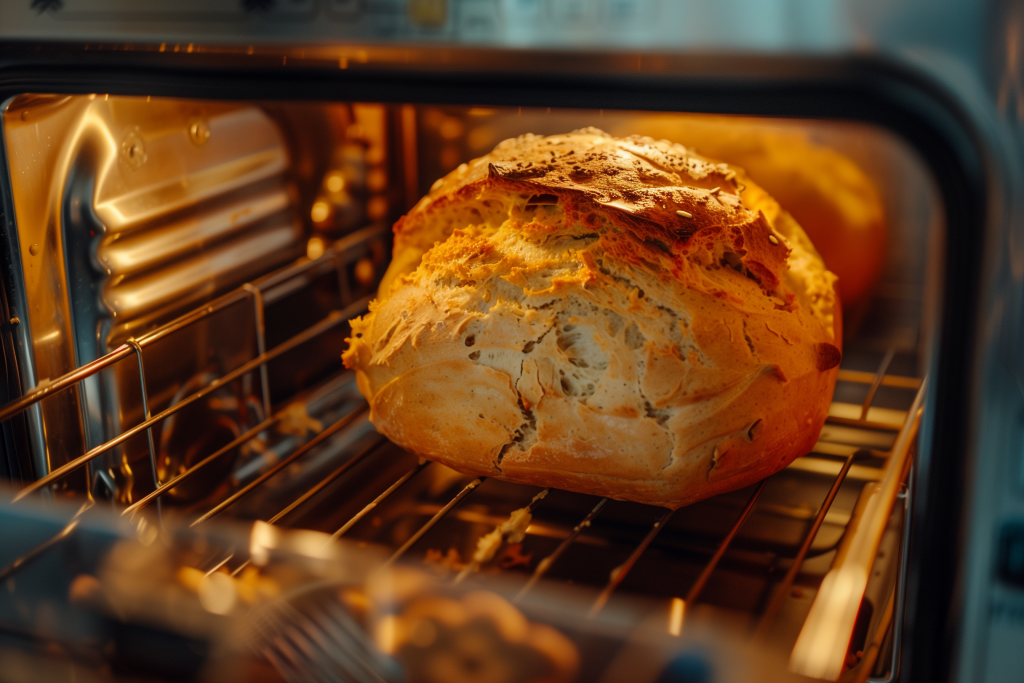 A crusty, golden-brown artisan loaf of bread baking on a rack inside an oven