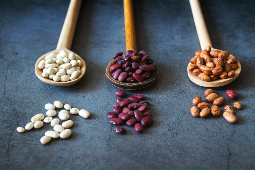 An image of different beans on a wooden spoon