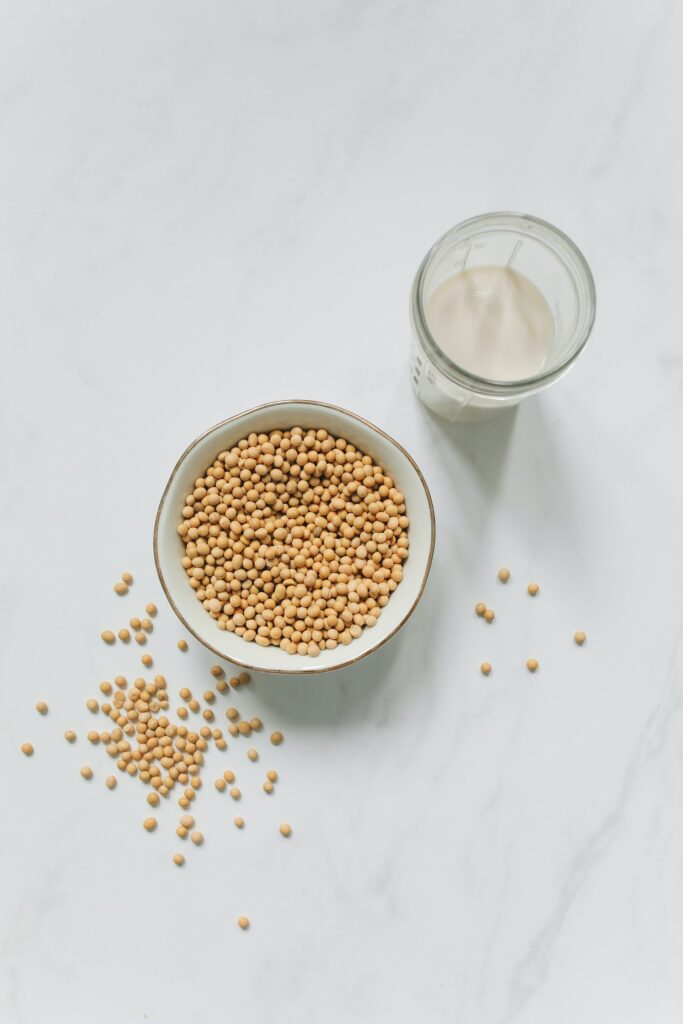 Soybeans in a bowl with a soymilk in a glass