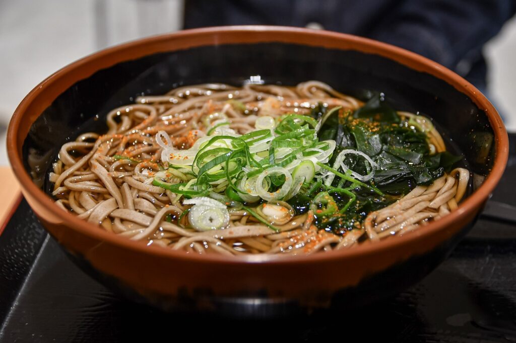 Soba noodles in a Japanese soup